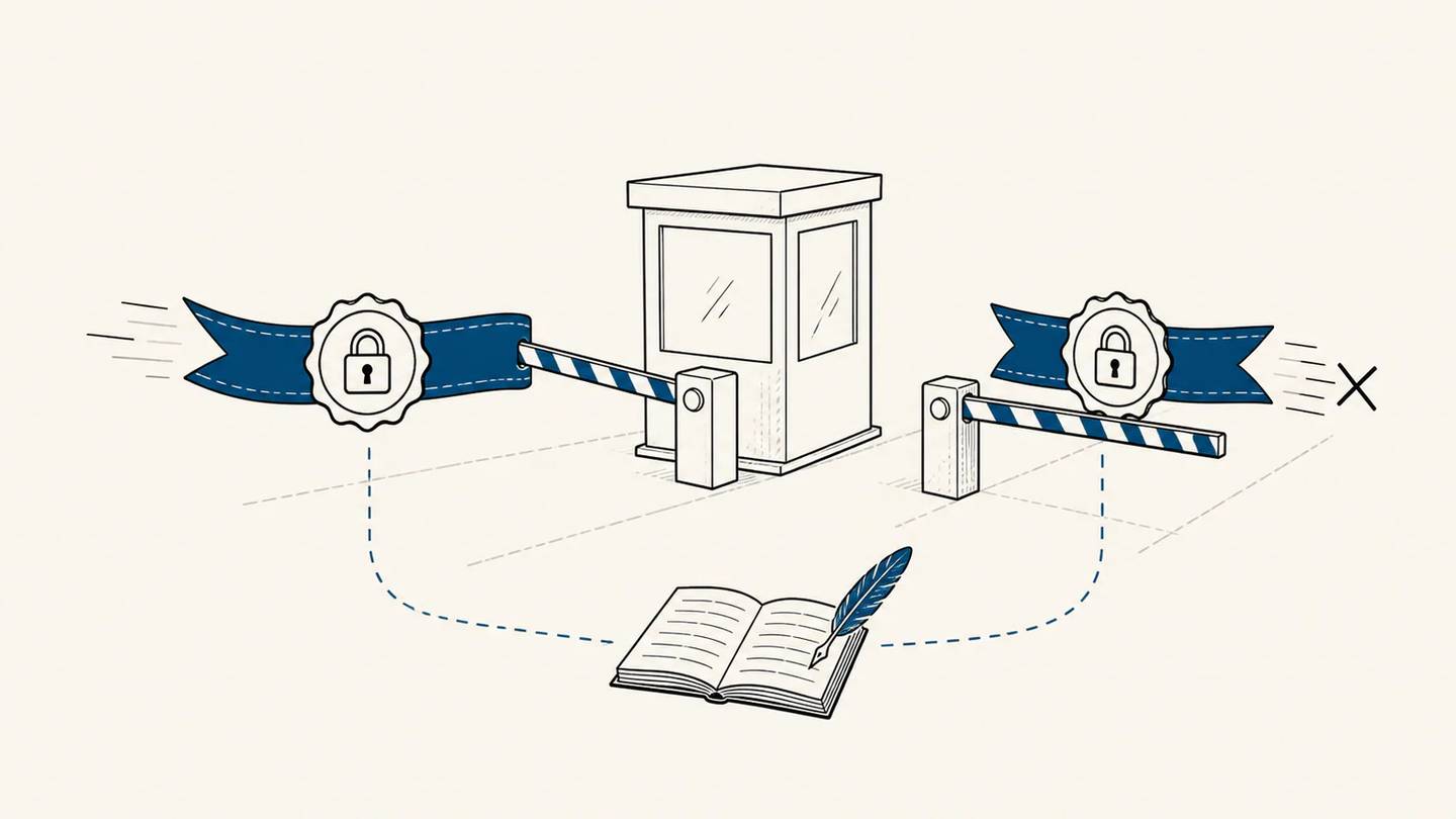 Zwei verschlossene Zugangsschranken schützen einen zentralen Kontrollpunkt für Zugangsdaten und ein Referenzbuch.