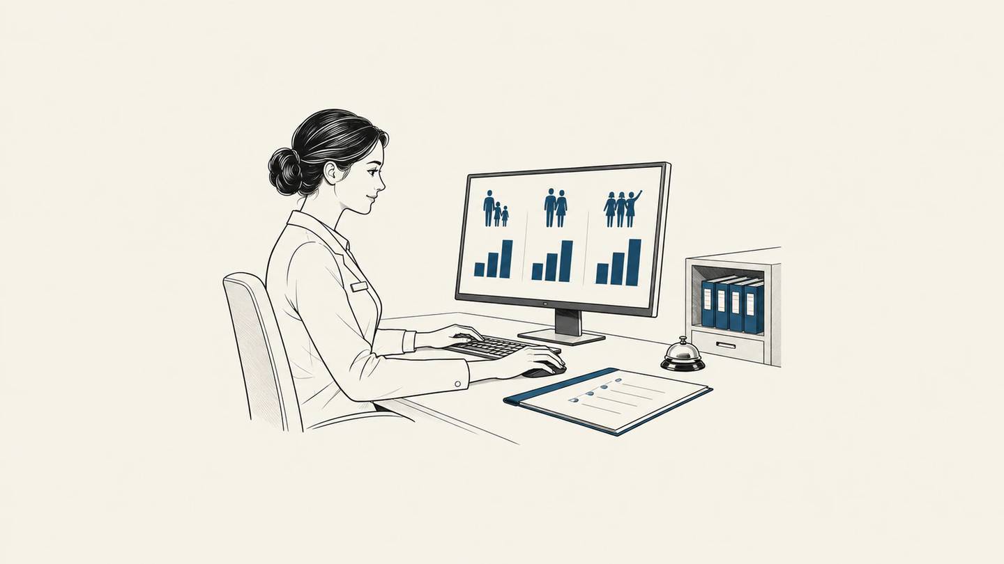 A hotel employee reviews spending charts for families, couples and groups of friends on a computer.