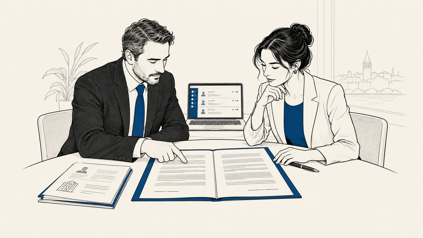 Customer and supplier review a contract beside a laptop displaying customer records.