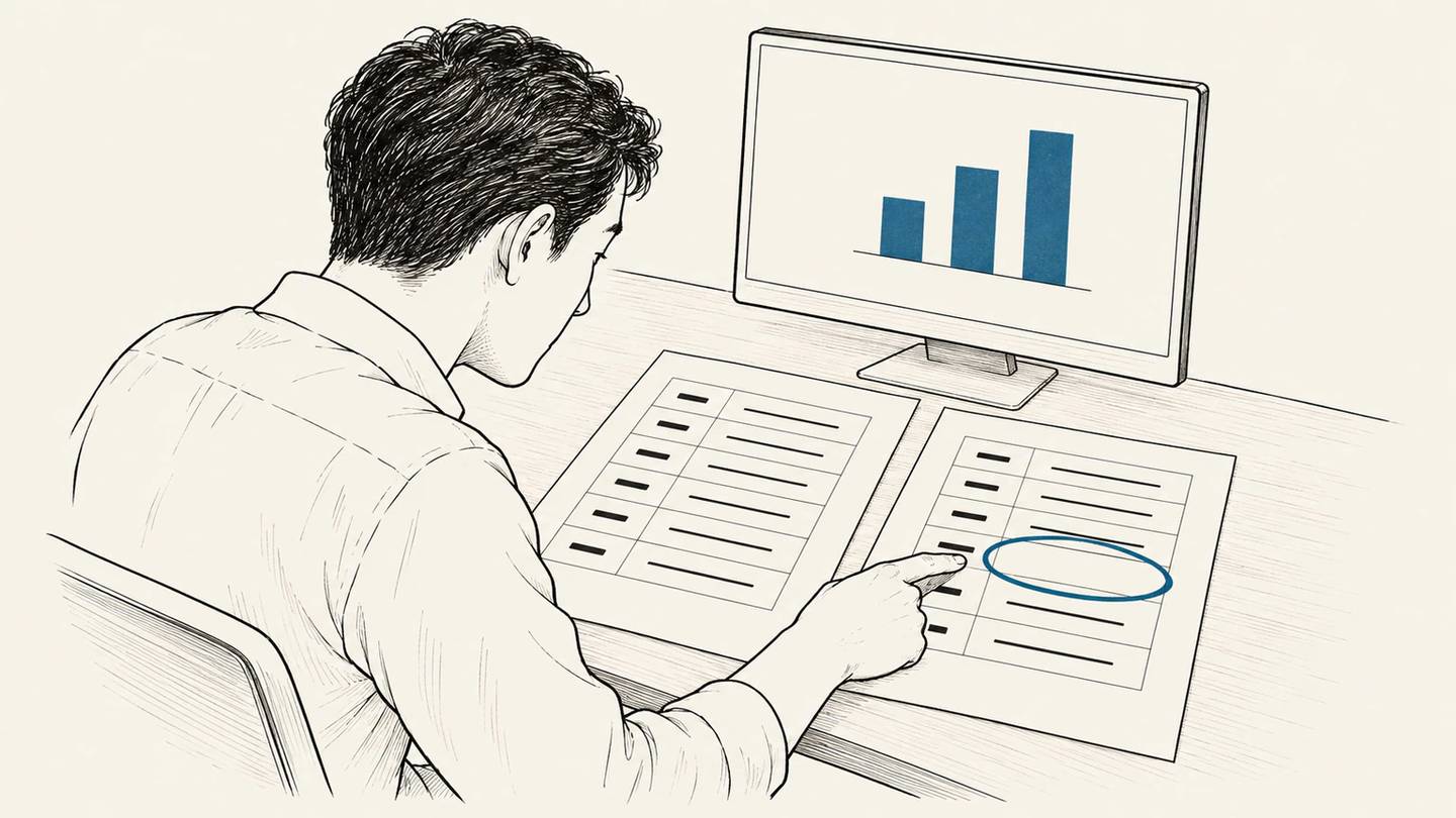 Beside a rising performance chart, a person compares two documents and points to a missing entry.