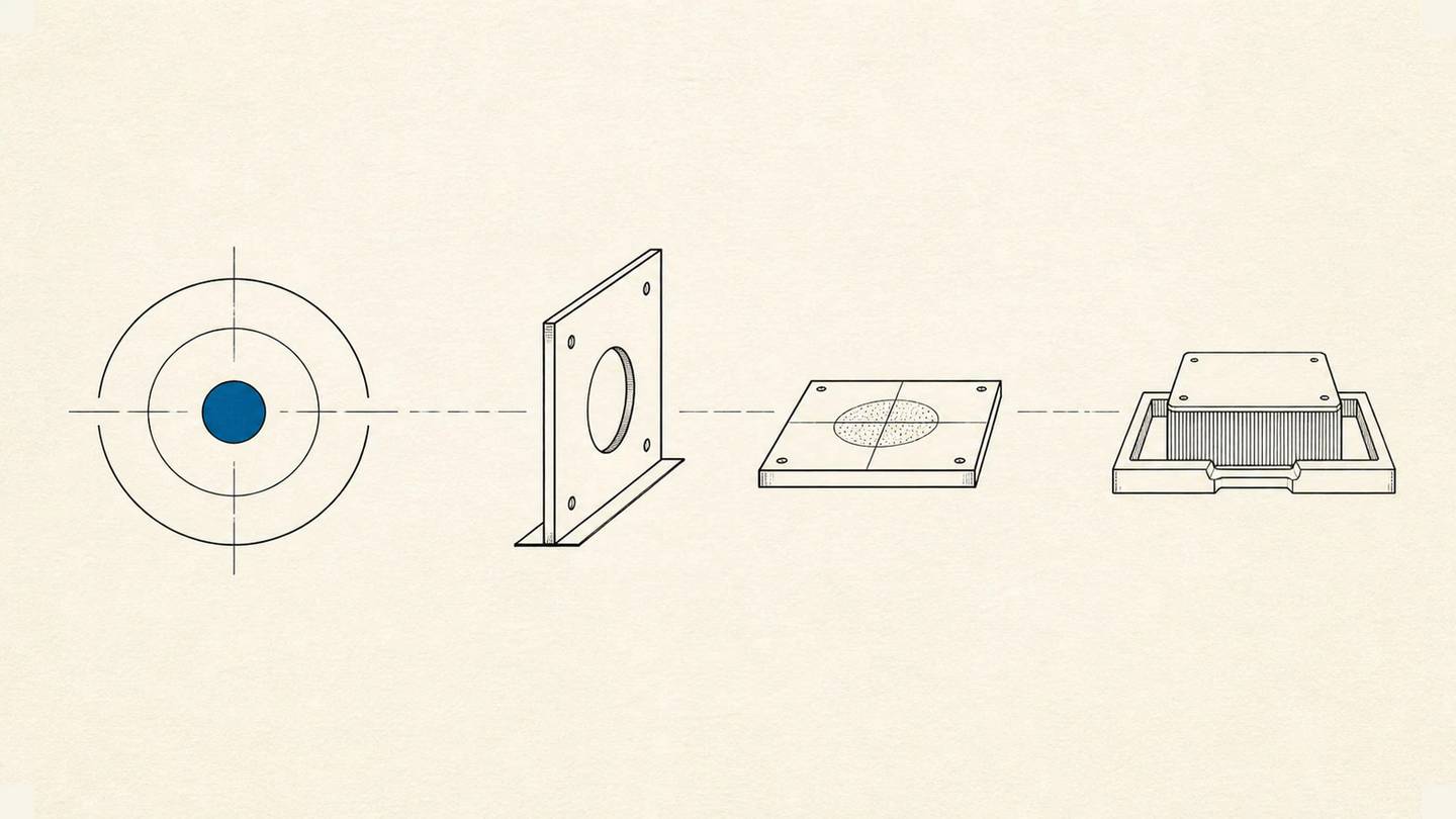 A blue target point aligns with two panels and an open tray along a dotted line.