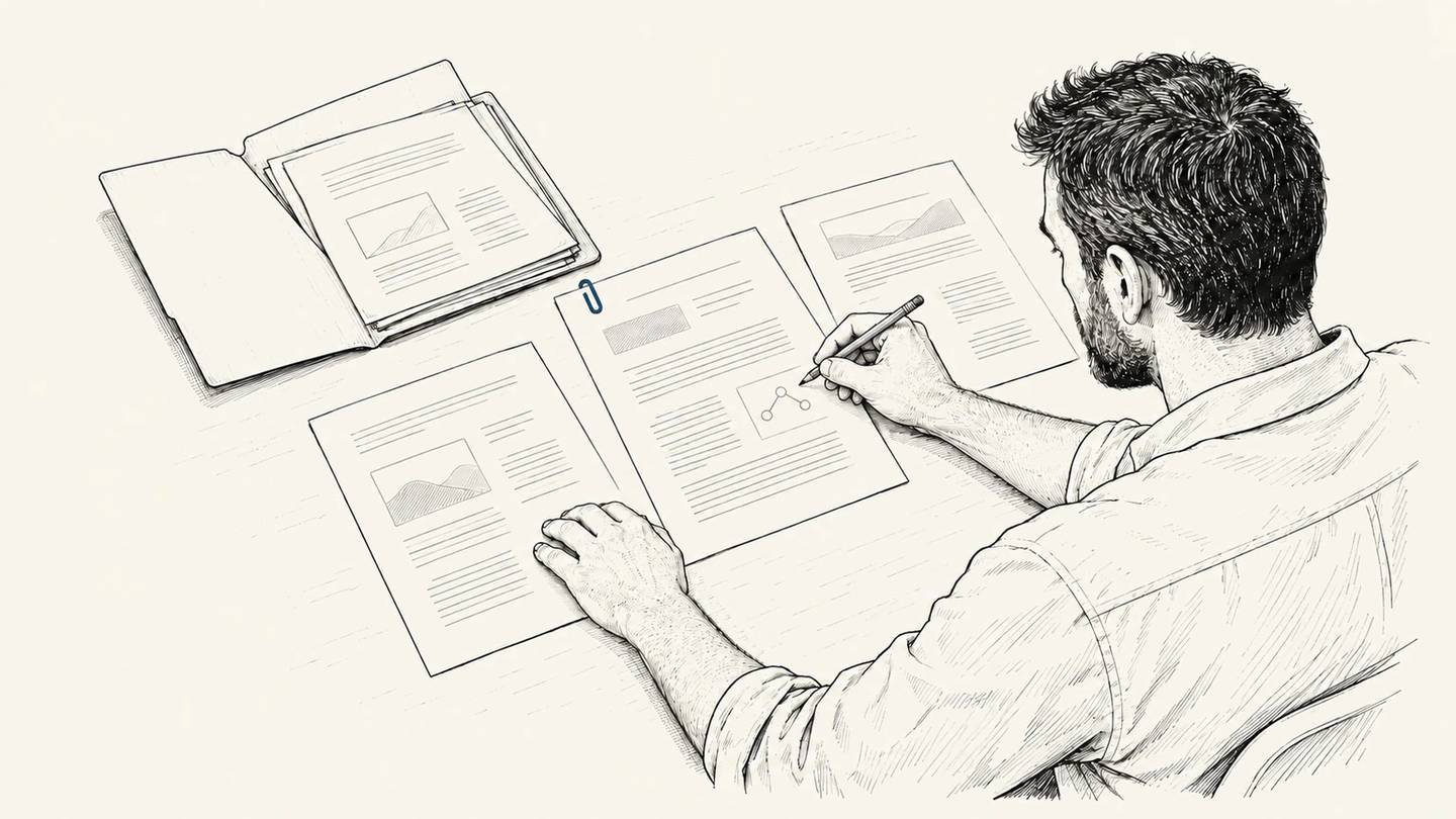 A man reviews a page with a pen among documents spread across his desk.