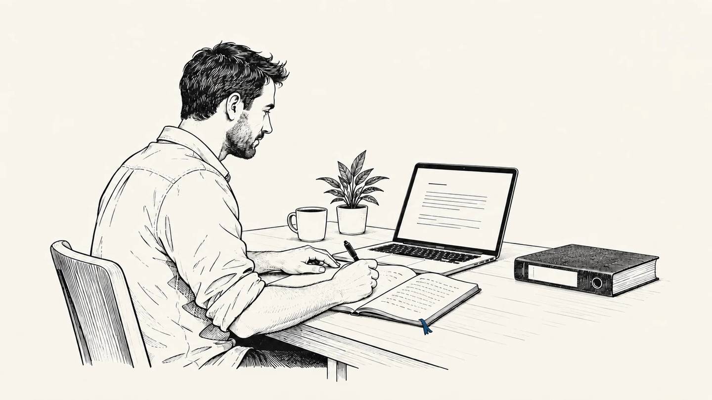 A male writer makes notes in an open notebook beside a draft on his laptop.