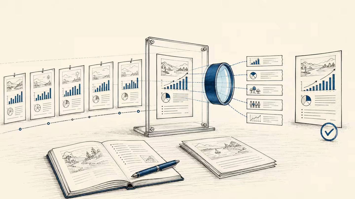 Monthly reports pass through a blue evidence filter before reaching a final human decision.