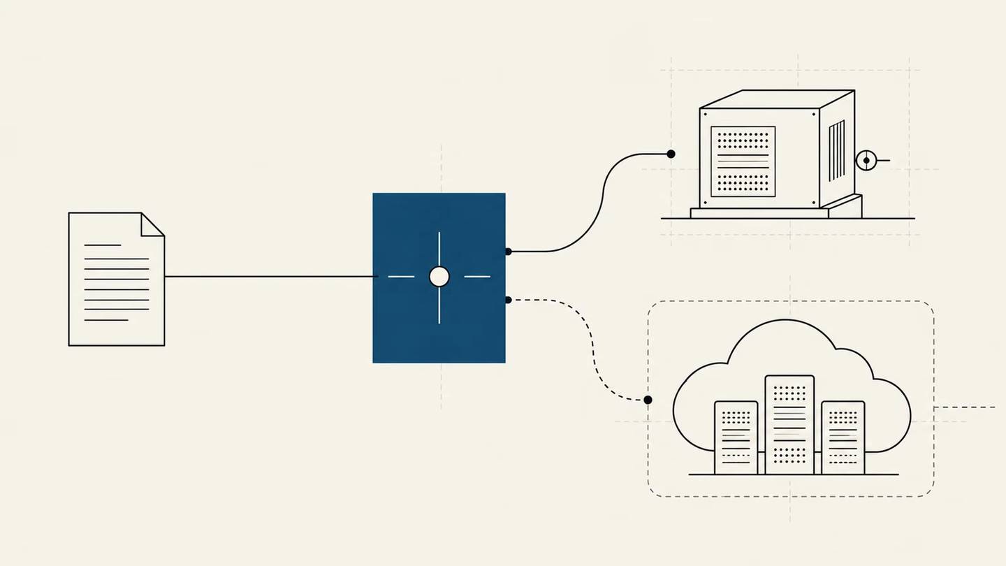A decision station connects a business workflow to either locally controlled or externally managed AI infrastructure