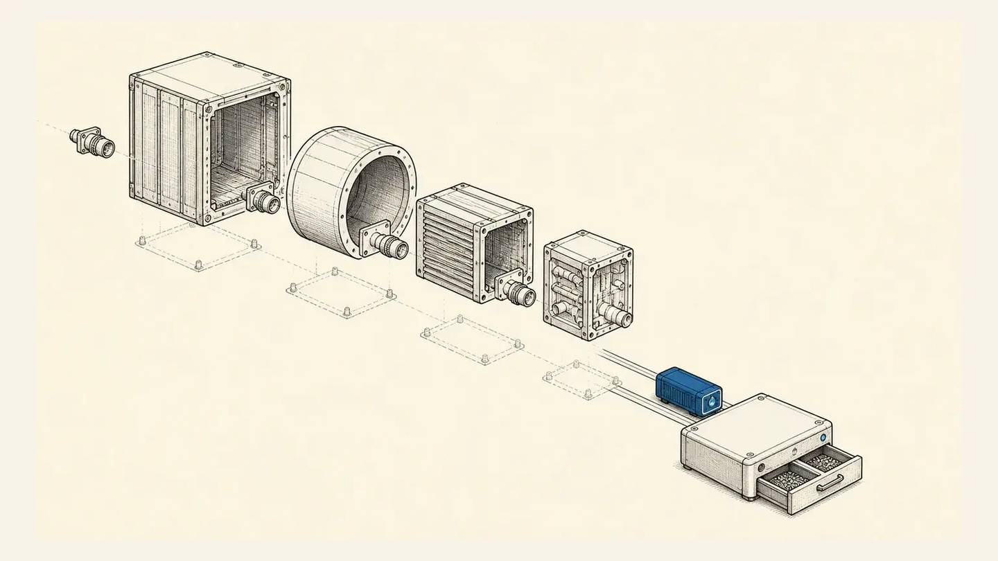 A blue application core leaves four disconnected infrastructure shells and moves along a rail into a compact runtime