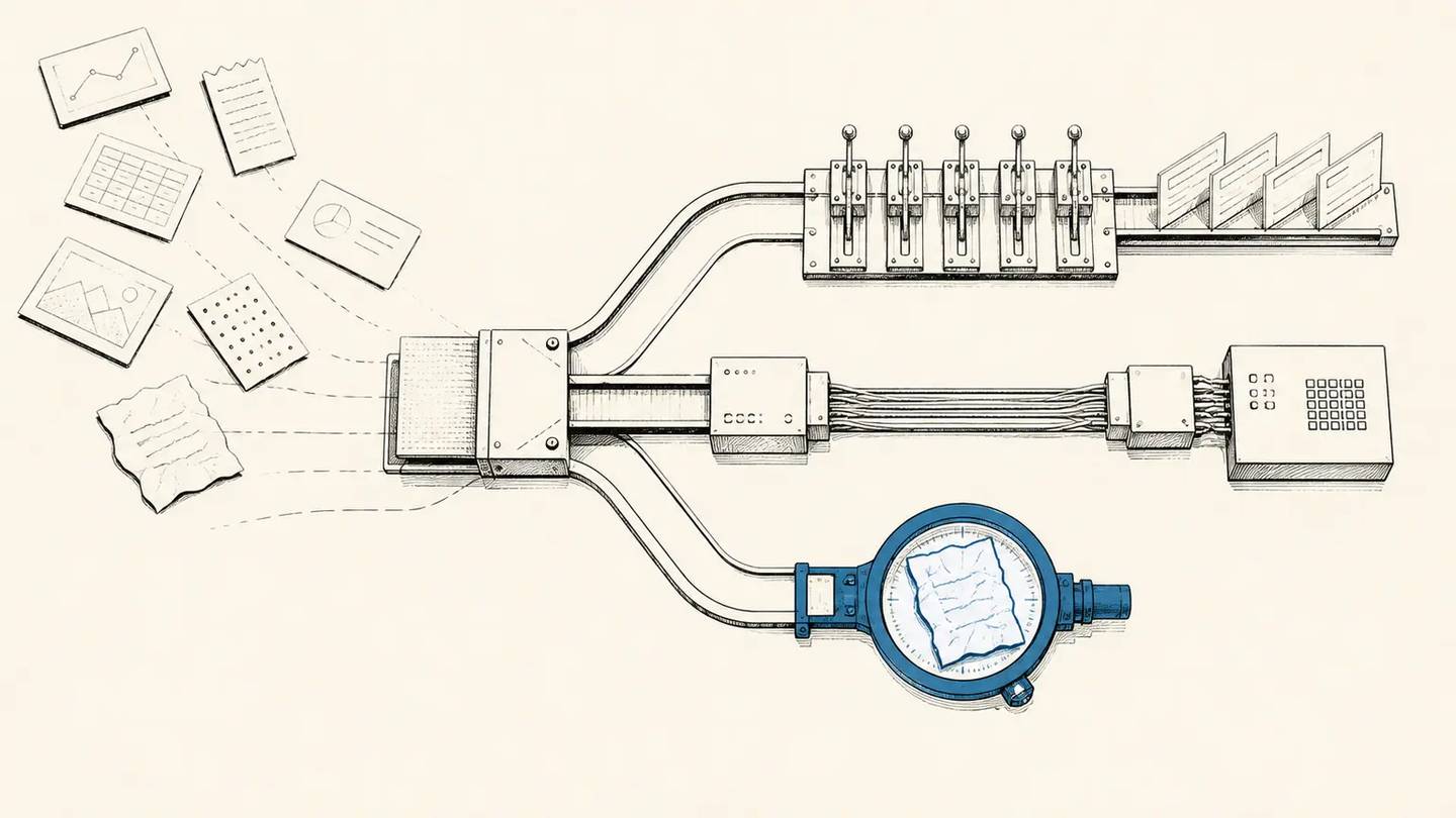 A workflow sorts standard documents by rules while a crumpled page branches to a magnifier.