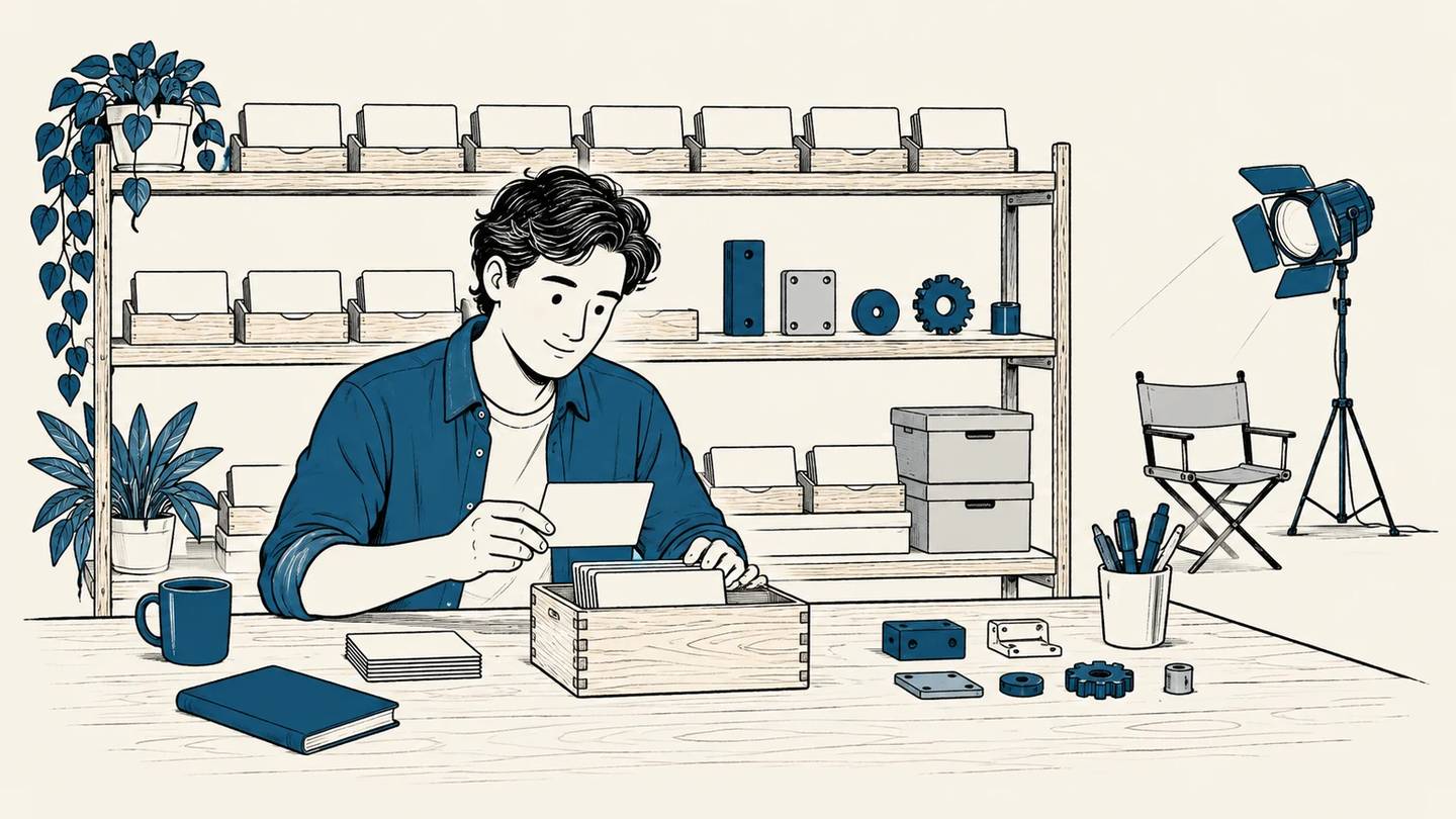 A founder keeps a chronological project archive at a calm workbench instead of chasing a launch moment.