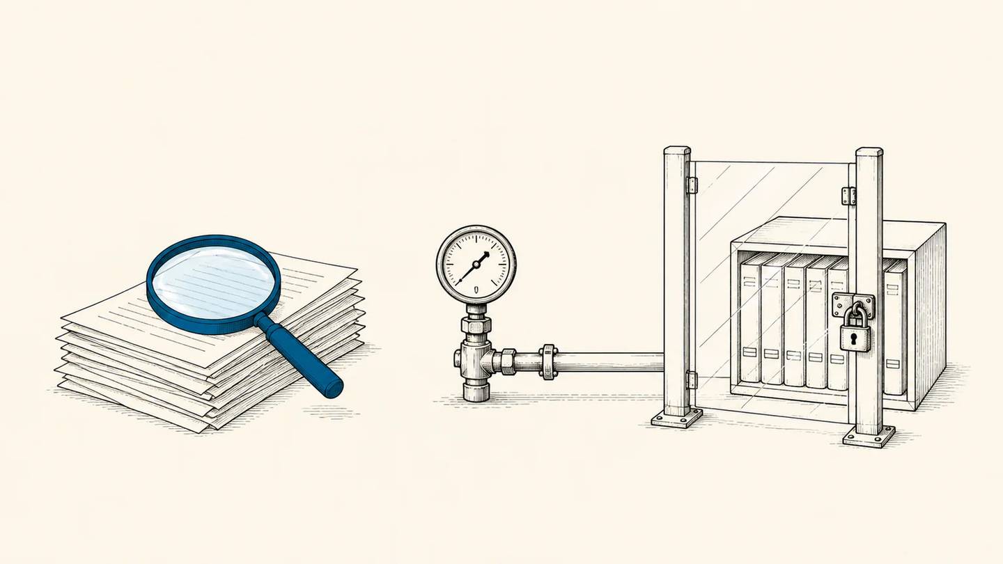 A document lens, live data gauge, and locked archive represent three information paths.