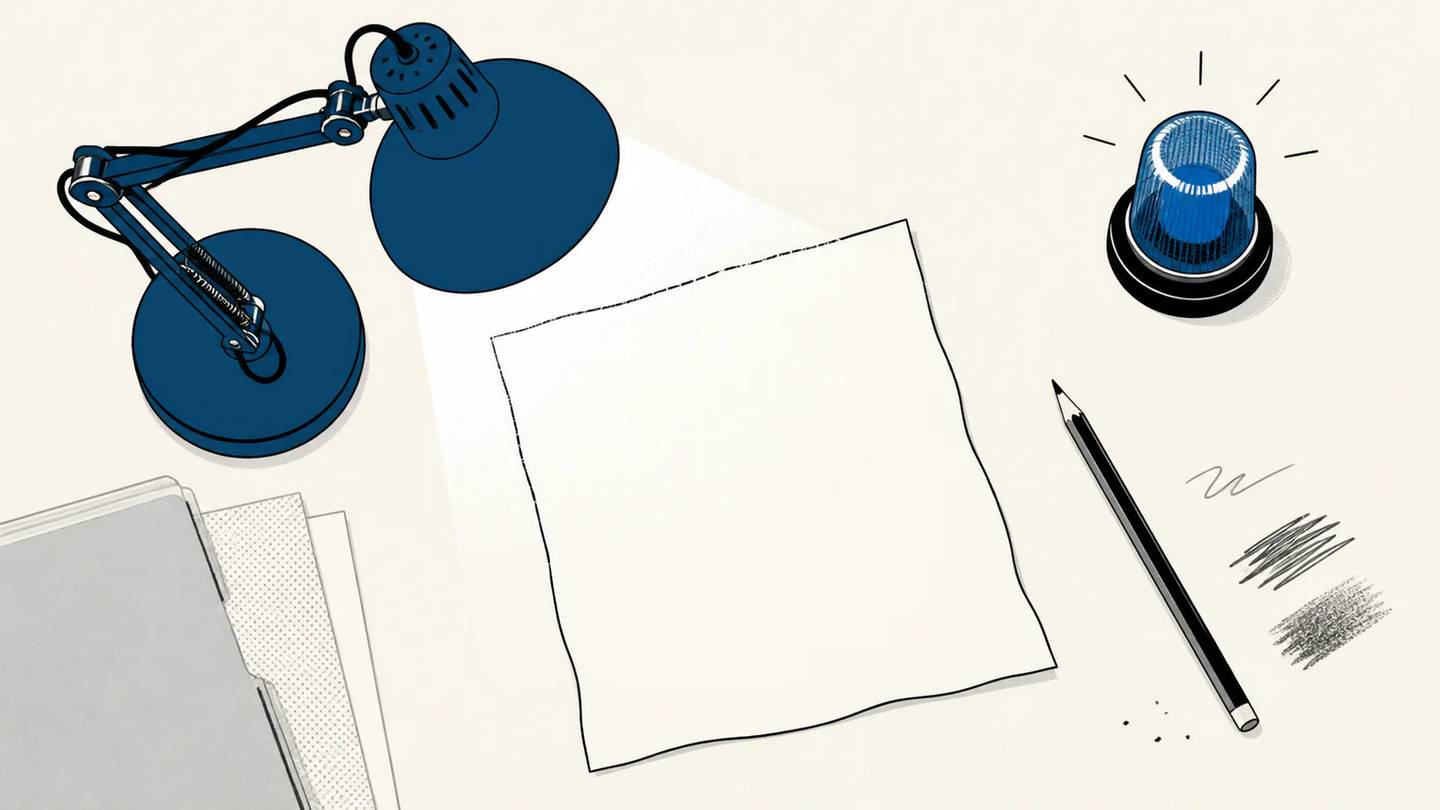 Eine blaue Schreibtischlampe und ein leuchtendes Warnsignal stehen neben einem leeren Blatt Papier und einem Bleistift.