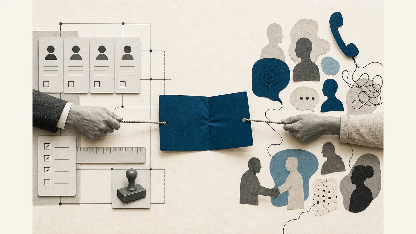 A blue lead card pulled from both sides shows the tension between corporate systems and customer conversations.