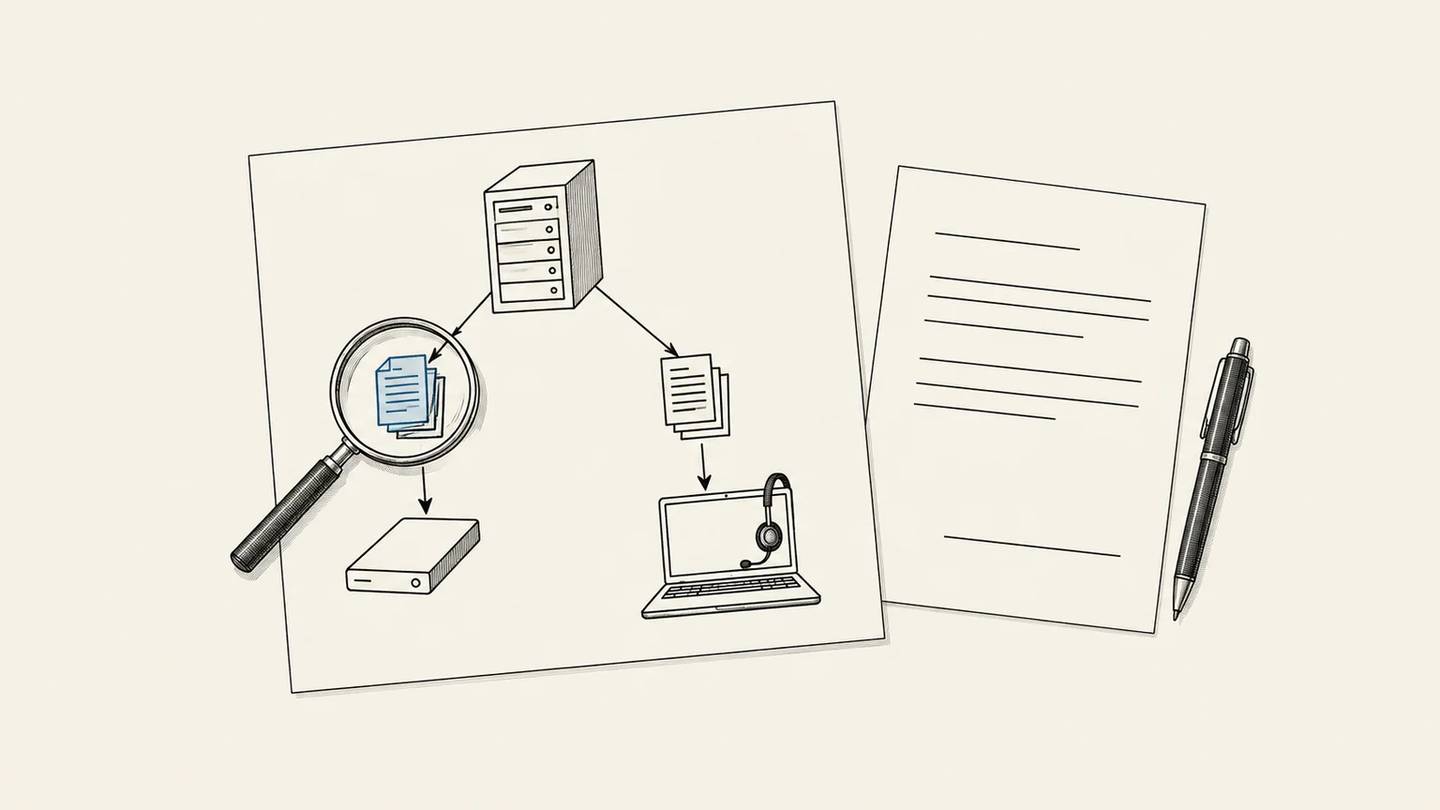 A data-flow plan shows backup and support copies beside a contract, with one copy under a magnifier.