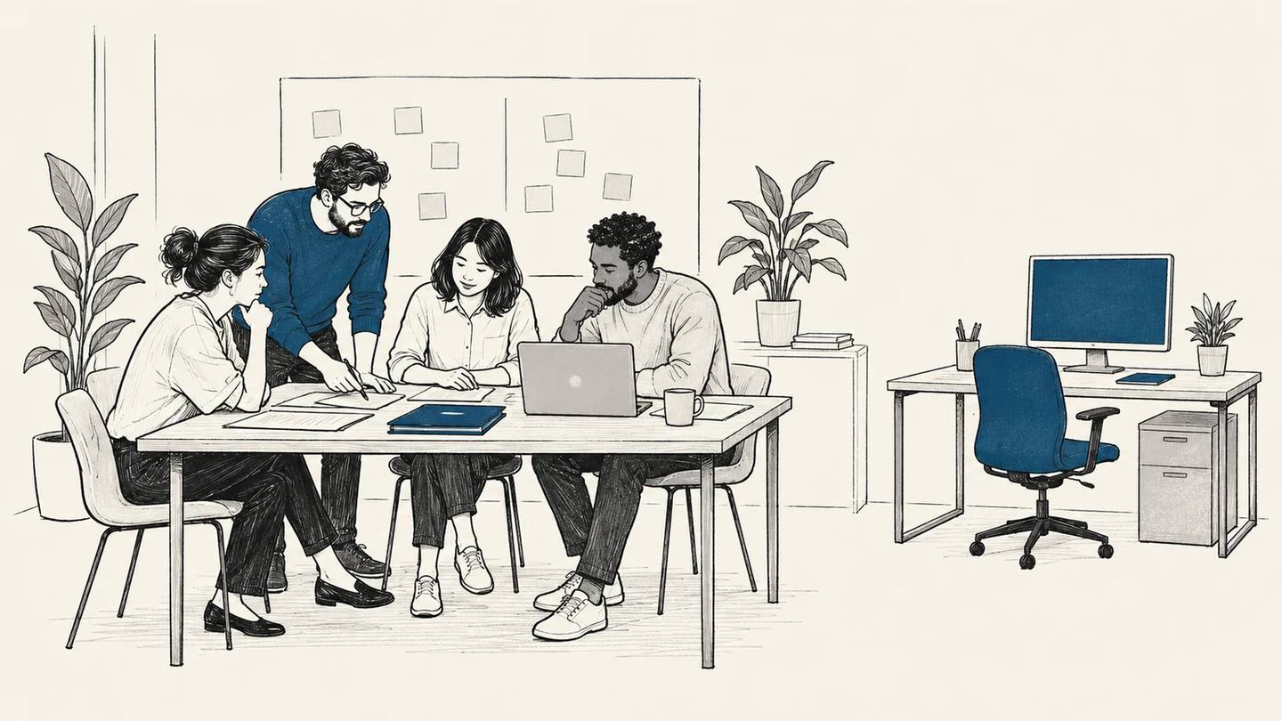 A small team works around a project table beside an empty workstation that was never filled.