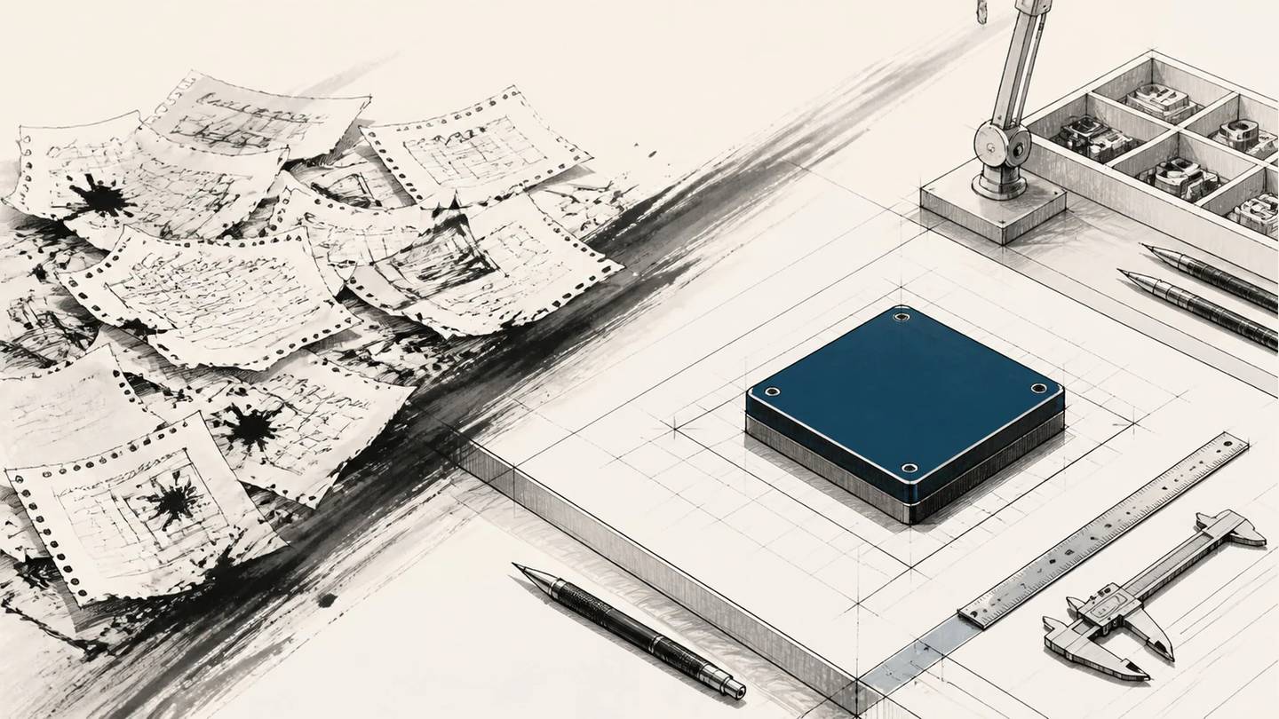 Mit Tinte verschmierte, zerrissene technische Zeichnungen liegen neben einem blauen Bauteil und Messwerkzeugen.