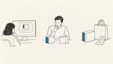 A product appears in an AI answer, a person compares two options, and a purchase is shown in three separate scenes.