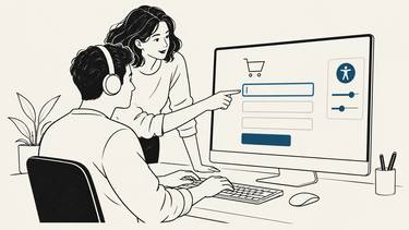 A keyboard user and colleague check a checkout form with an accessibility menu open.