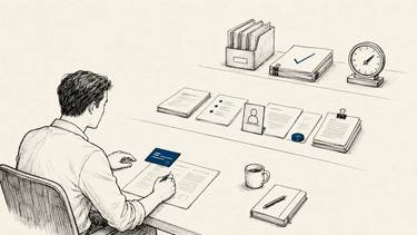A person works through three desk areas that move from one AI-assisted document to a measured operational result.
