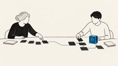 A sparse editorial diagram shows company knowledge carried from an existing role into a new AI-supported workflow