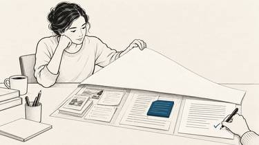 An author lifts a disclosure sheet to reveal sources, AI assistance, and final human review.