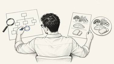 A practitioner checks a system diagram closely but follows a meal plan without equivalent scrutiny.