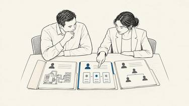 Two managers compare three job-profile folders showing technical systems and team responsibilities.