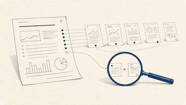 A magnifying glass checks claims from several reports against their source documents.