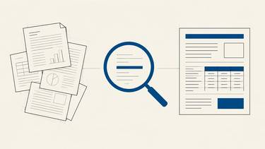 A path carries scattered company documents into a customer proposal and a business decision