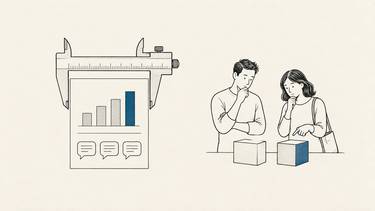 A report is measured with callipers while customers compare products in a separate scene.
