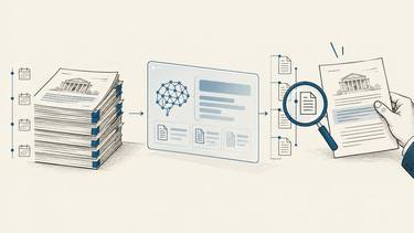 A hand checks an AI answer against dated institutional documents and their source trail.