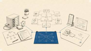 Three work areas meet at a shared decision board, separating internal operations, business transformation, and product technology.
