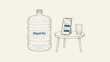 An empty Bayat Su water jug stands beside a phone displaying chat replies and an empty glass.
