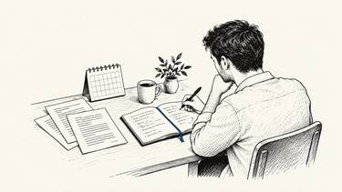 A writer reviews article pages and makes notes beside a monthly calendar.