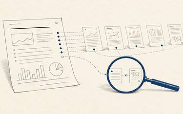 A magnifying glass checks claims from several reports against their source documents.