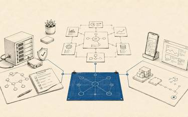 Three work areas meet at a shared decision board, separating internal operations, business transformation, and product technology.