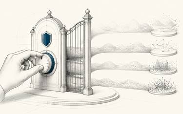 A hand turns a blue dial on a shielded gate beside four layers of abstract data patterns.