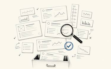 Article cards are reviewed with a magnifier before being kept, revised, or filed away