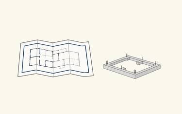 A folded blueprint and a constructed foundation contrast borrowed plans with building from first principles