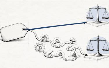 A price tag branches into direct and winding payment paths ending at balanced scales