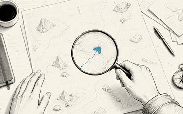 A hand holds a magnifying glass over a blue marker on a sketched map.