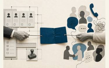 A blue lead card pulled from both sides shows the tension between corporate systems and customer conversations.