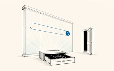 A search field hangs above an open drawer, with an open door beyond it.