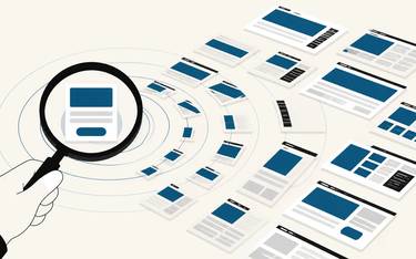 A magnifying glass isolates one button amid a sequence of redesigned webpage layouts