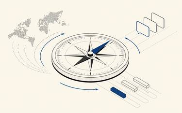 A compass sits between a dotted world map, stacked panels and branching tracks.