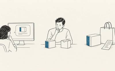 A product appears in an AI answer, a person compares two options, and a purchase is shown in three separate scenes.