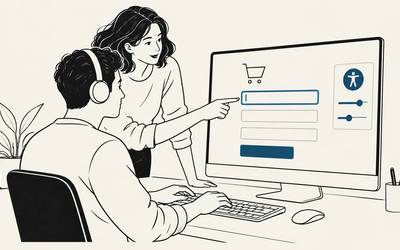 A keyboard user and colleague check a checkout form with an accessibility menu open.