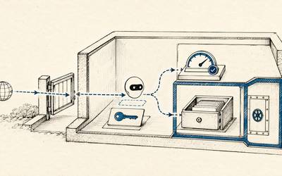 An internet request passes through an open gate into an AI agent workspace, where an API key and usage meter sit beside an isolated data vault.