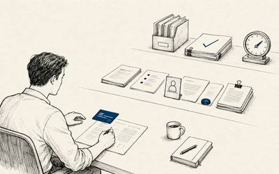 A person works through three desk areas that move from one AI-assisted document to a measured operational result.