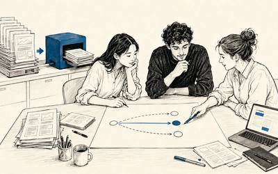 An agency team chooses a strategic direction at a table while an AI-assisted station reduces repetitive execution work behind them.