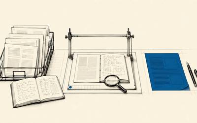 Article pages and research notes are reviewed before one new draft is prepared.