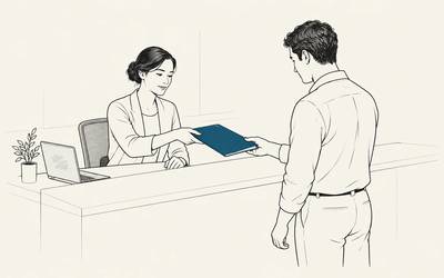 An employee hands a customer a folder while the laptop stays to one side.